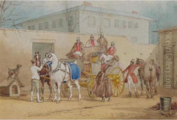 A Coach And Horses In A Stable Yard Oil Painting by Charles Cooper Henderson