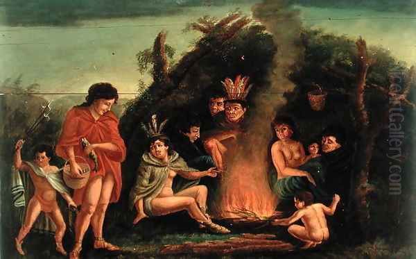 Fireboard depicting an Indian Encampment, 1804 Oil Painting by Michele Felice Corne