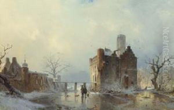Hunters With Their Dogs On A Frozen Stream By A Castle Oil Painting by Carl Hilgers