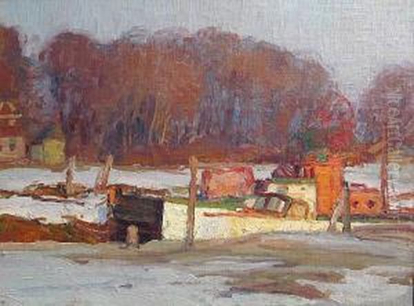 Boats In A Lock In Winter Oil Painting by Georges Hillaireau