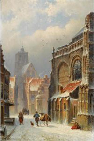 Figures In The Streets Of A Wintry Town Oil Painting by Eduard Alexander Hilverdink