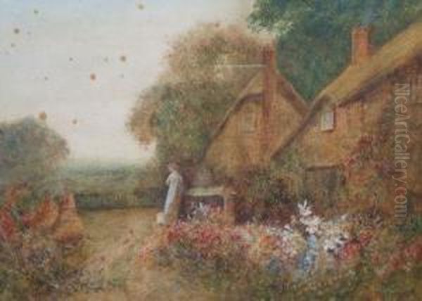 Late Spring, Thatched Cottage Garden In Full Bloom With Figure Oil Painting by Fred Hines