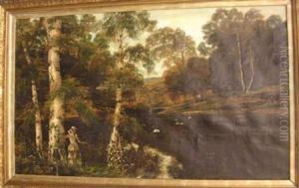 A Woman Among Silver Birches By A Lake Oil Painting by Theodore Hines