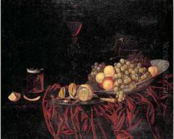 Nature Morte A La Coupe De Fruits, Aux Pieces De Verrerie, Au
 Citron Et Aux Noisettes Disposes Sur Un Entablement Oil Painting by Johann Georg (also Hintz, Hainz, Heintz) Hinz