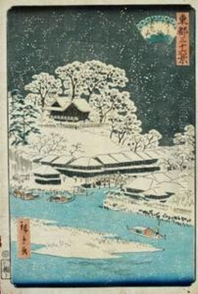 Imado Bridge And Matsuchi Hill Oil Painting by Utagawa or Ando Hiroshige
