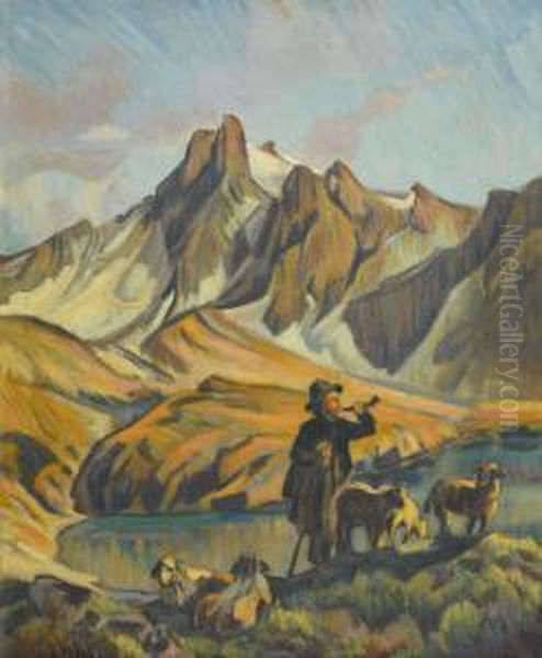 Alphirte Mit Schafen Bei Einem Bergsee Oil Painting by Ernst Ii Hodel