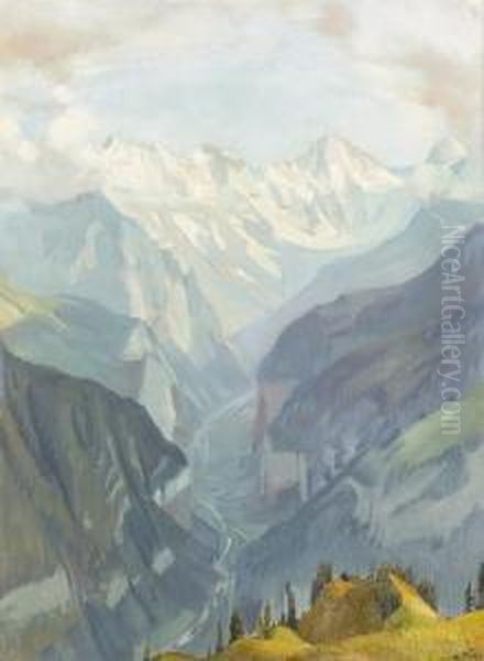 Lauterbrunnental Mit Dem Breithorn Im Sommer. Oil Painting by Ernst Ii Hodel