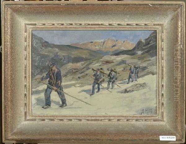 Militairpatrouille Am Gotthard. 1902. Oil Painting by Ernst Ii Hodel