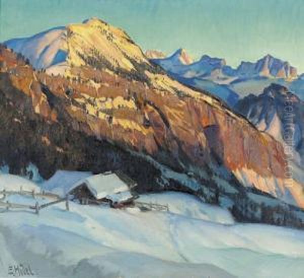 Abend In Den Bergen. Oil Painting by Ernst I Hodel