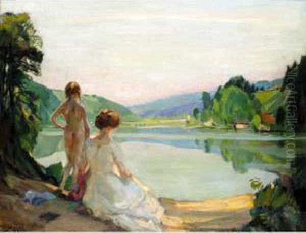 Summer Evening Oil Painting by Ernst Ii Hodel