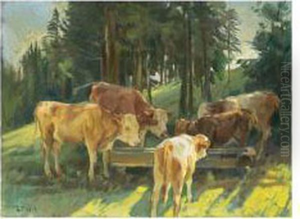 Kuhe An Der Tranke Oil Painting by Ernst Ii Hodel