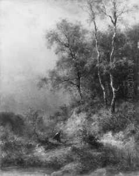Waldstuck Mit Reisigsammlerin. 
Signiert Und Datiert Unten Rechts: Hoeffler 1885. Ol Auf Karton. H 34; B
 27 Cm. Provenienz: Galerie F.a.c. Prestel, Frankfurt/main. Oil Painting by Adolf Joh. Hoeffler