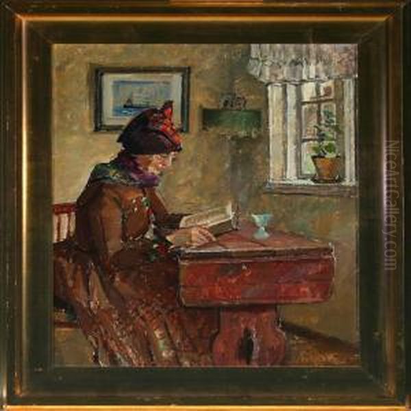 Interior With Reading Woman, Fanoe Oil Painting by Niels Holbak
