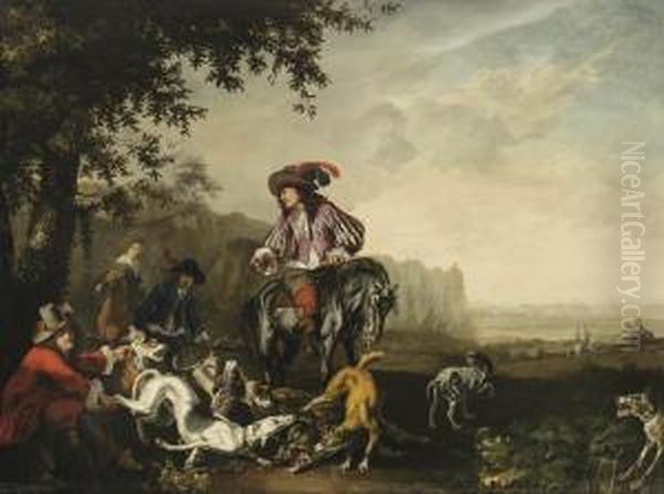 An Italianate Landscape With An 
Elegant Company On A Hunt, Dogscatching A Wild Boar In The Foreground Oil Painting by Abraham Danielsz. Hondius