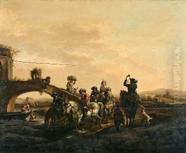 A Hawking Party Crossing A Bridge Oil Painting by Abraham Hondius