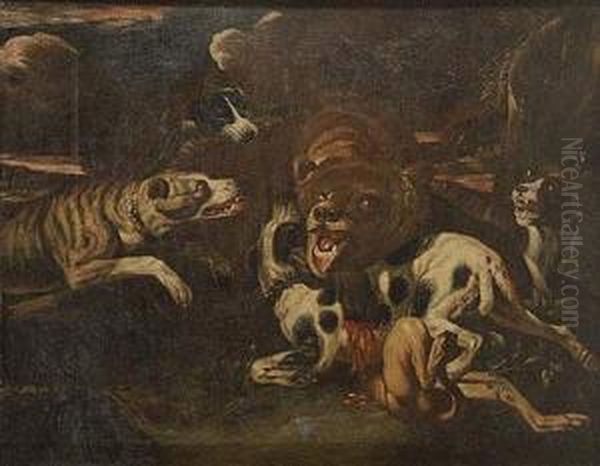 Oso Acosado Por Perros Oil Painting by Abraham Hondius