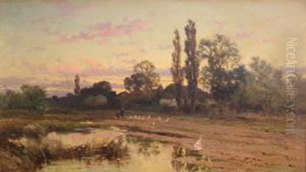 Figures Walking Towards A Farmstead Neargeese And A Pond Oil Painting by John Horace Hooper