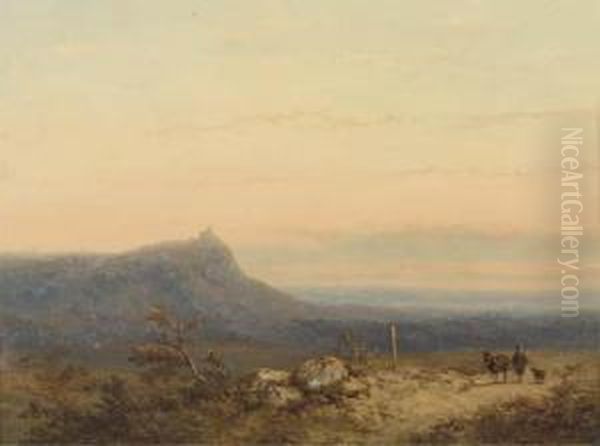 A Traveller In An Extensive Landscape At Dusk Oil Painting by Johannes Franciscus Hoppenbrouwers