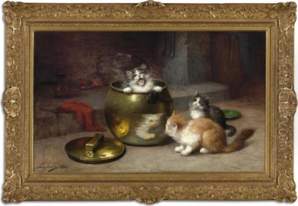 Kittens At Play Oil Painting by Leon Charles Huber