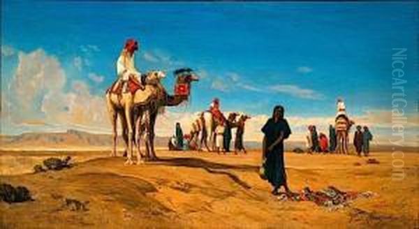 Halte De Bicharis Dans Le Desert De Lybie Oil Painting by Victor Pierre Huguet