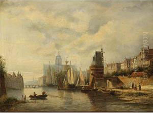 View On A Canal In A Dutch Town In Summer Oil Painting by Johannes Frederik Hulk, Snr.