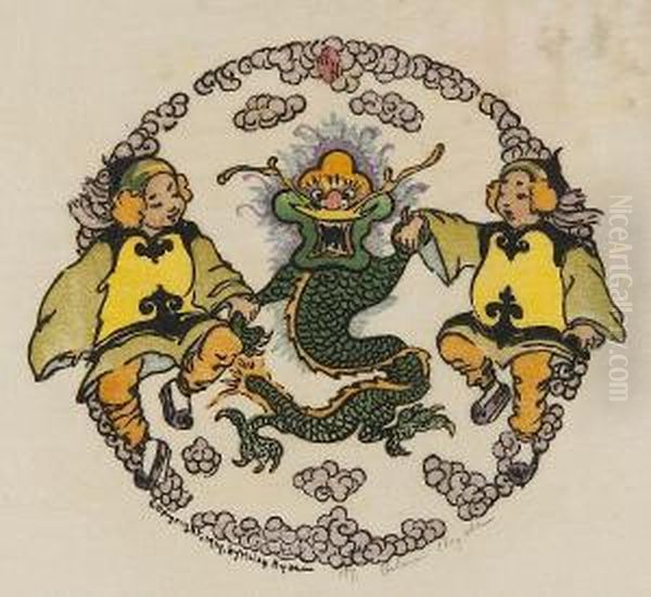 Confidences; Happiness Flower; 
Miss Apricot Cloud; Blue Umbrella; Furious Dragon; Lucky Branch Oil Painting by Helen Hyde