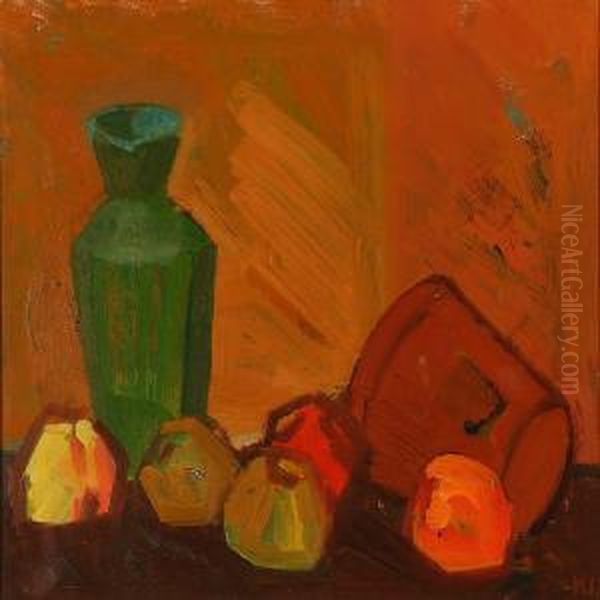 Opstilling Md AEble Og Gronvase Oil Painting by Kraesten Iversen