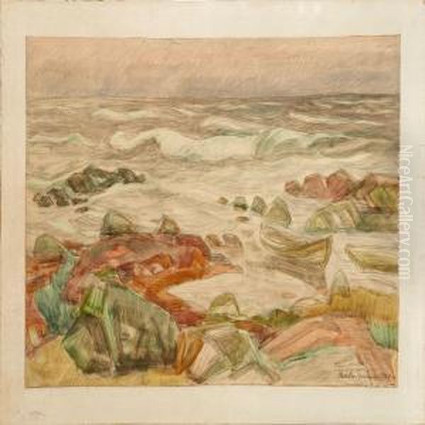 Rocky Coast With Boats Oil Painting by Kraesten Iversen