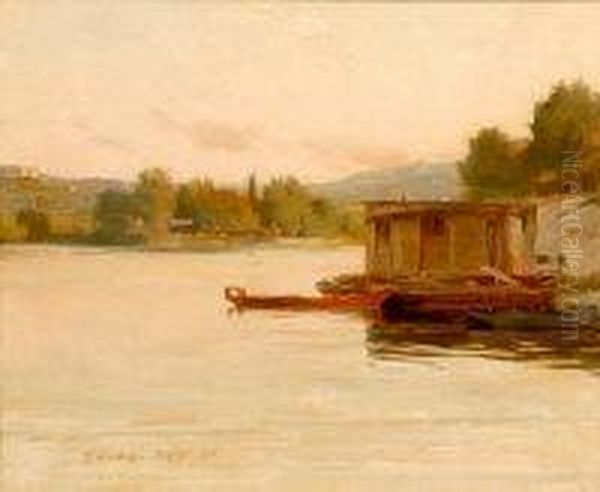 River Landscape Scenes With Moored Rowing Boats Oil Painting by Richard Jack