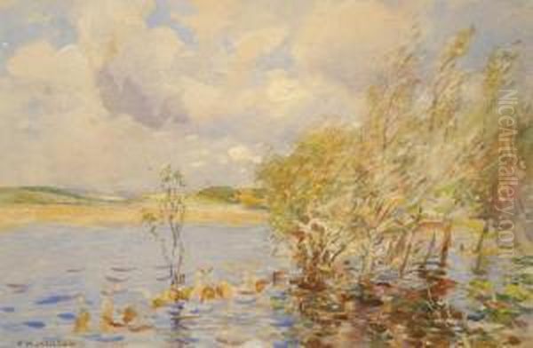 Wind Swept Yorkshire Landscape, With Trees And A Pond In The Foreground Oil Painting by Frederick William Jackson