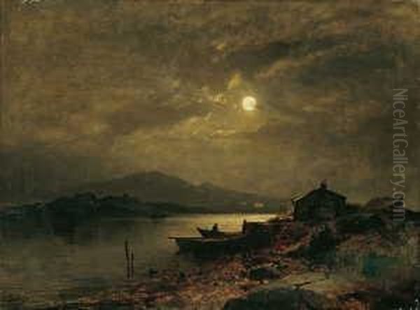Norwegische Fjordlandschaft Bei Mondschein. Oil Painting by Sophus Jacobsen