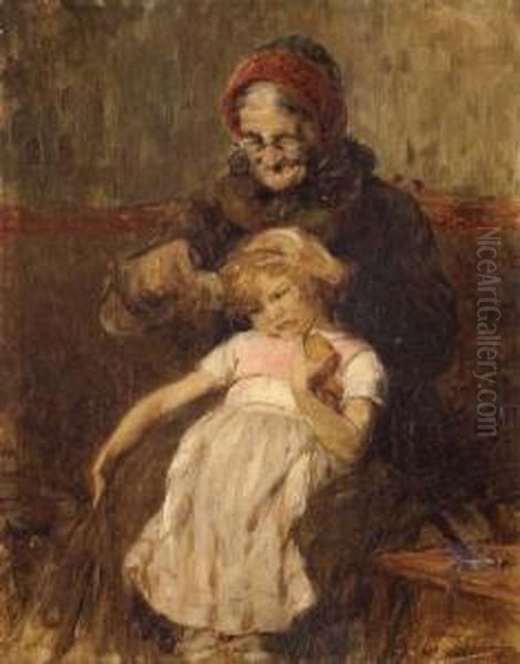 Combing Her Locks Oil Painting by Georg Jakobides