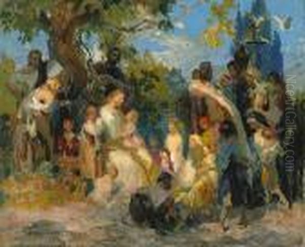 Suffer The Little Children To Come Unto Me Oil Painting by Lajos, Louis Jambor