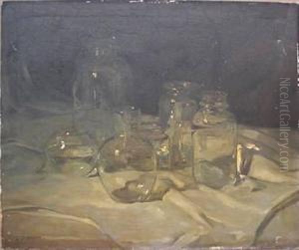 Still-life Of Bottles Oil Painting by Lajos, Louis Jambor