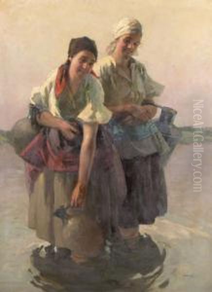 Vizhordo Asszonyok Oil Painting by Lajos, Louis Jambor