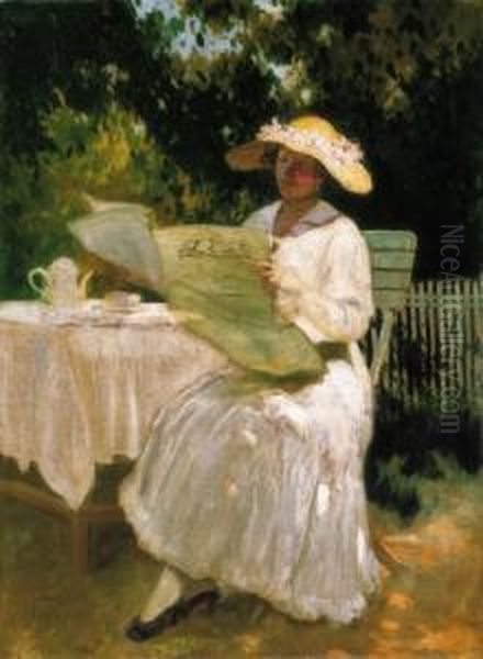 Afternoon Tea In The Garden Oil Painting by Lajos, Louis Jambor