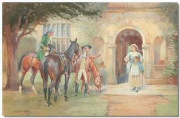J. Sanderson Wells, Maid 
Servantcarrying Refreshments To Horsemen Outside A Country Mansion Oil Painting by John Wells James