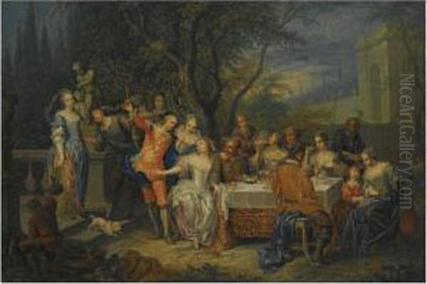 A Palace Garden With Elegant Figures Feasting And Making Merry Oil Painting by Frans Christoph Janneck