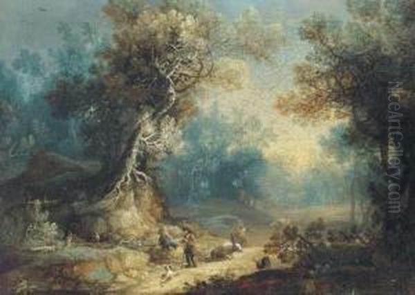 A Wooded Landscape With A Shepherd And Shepherdess At Rest On Atrack Oil Painting by Franz Christoph Janneck