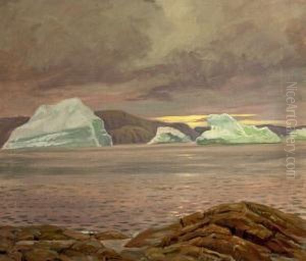 Icebergs By Upernavik, View From Greenland. Signed Luplau Janssen Upernavik 1925 Oil Painting by Luplau Janssen