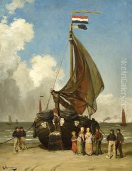 Fishing Boat On The Shore With Figures Standing Around Oil Painting by August Jernberg