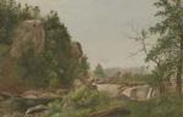 Wooded Creek With Bridge Oil Painting by David Johnson