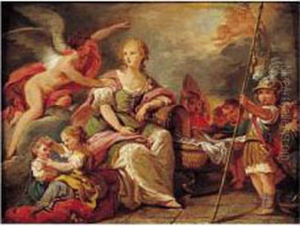 Allegorie A Une Naissance Royale
 : La France Protege Le Berceau Et Les Trois Etats L'entourent : La 
Noblesse (l'enfant Militaire), Le Clerge (enfant Tenant Une Mitre) Et Le
 Tiers (deux Enfants Jouant) Oil Painting by Nicolas Rene Jollain