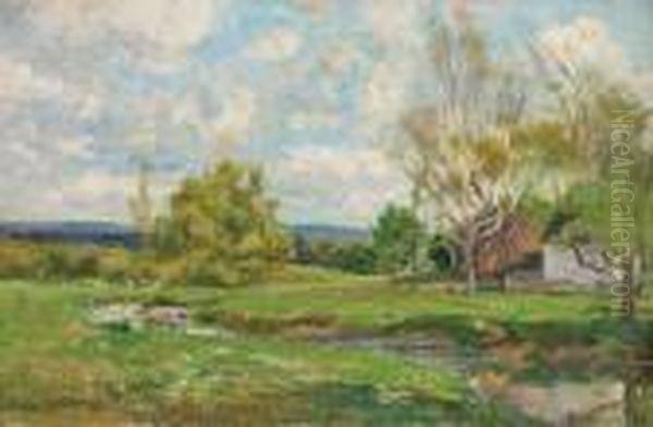 Barns In A Summer Landscape Oil Painting by Hugh Bolton Jones