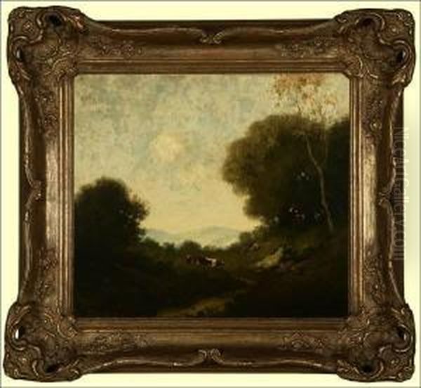 Cows In An Atmospheric Landscape Oil Painting by Carl Henrik Jonnevold