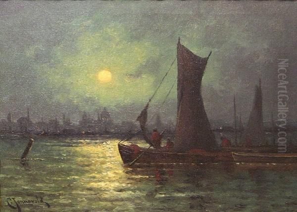Moonrise On The River Thames Oil Painting by Carl Henrik Jonnevold
