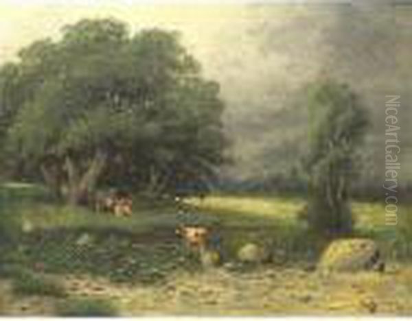 Cows Resting Under Sheltering Oaks Oil Painting by Carl Henrik Jonnevold