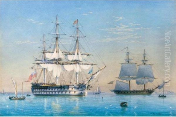 A Two-decker And An Armed Brig Off Great Yarmouth Oil Painting by George William Joy