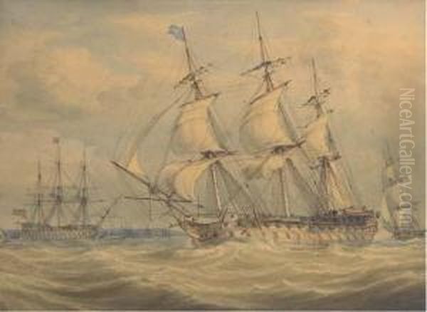 Men-o'war Running Past The Anchorage Oil Painting by William Joy