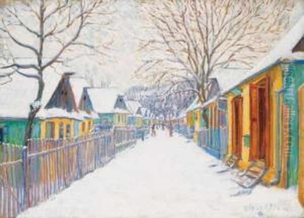 Autumn Street In Nagybanya Oil Painting by Geza Kadar